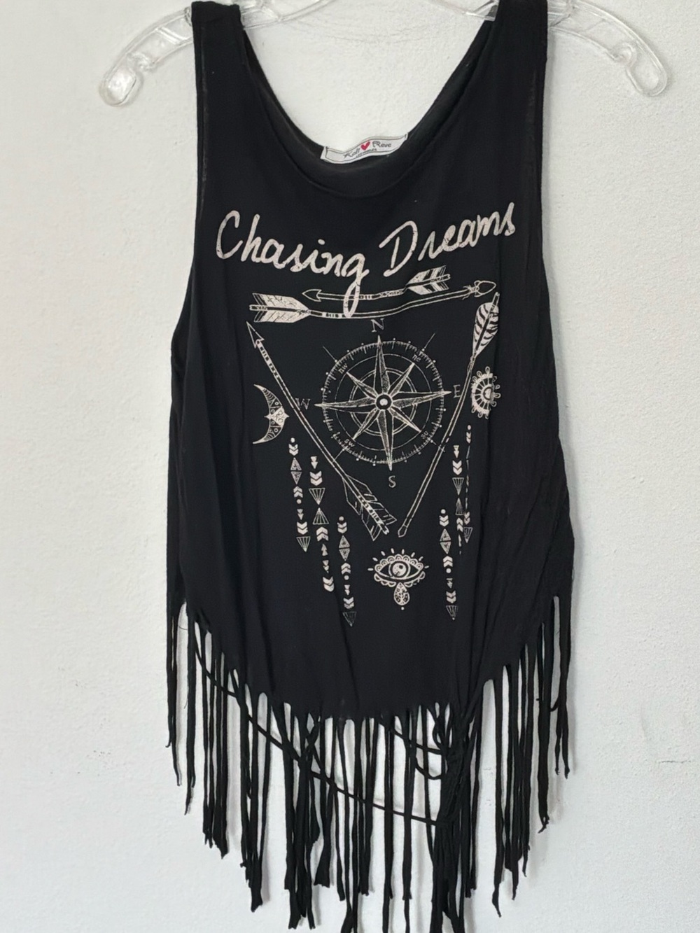 Kali Love Rêve “Chasing Dreams” Fringe Graphic Tank Top | Boho Festival Black